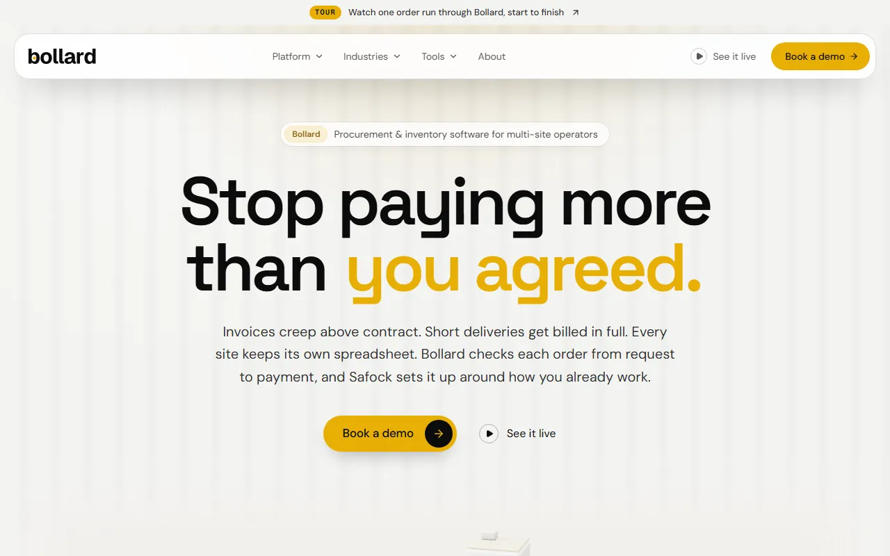 The Bollard website at usebollard.com, presenting procurement and inventory software for multi-site operators