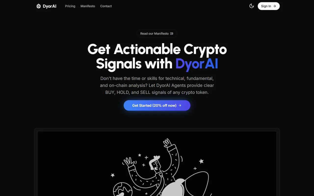 The DyorAI website at dyorai.co, offering AI crypto signals