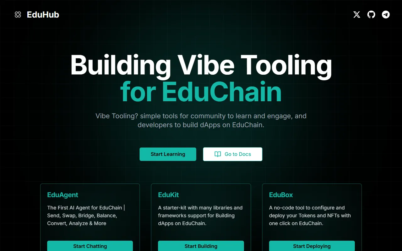 The EduHub website at eduhub.dev, presenting developer tooling for EduChain