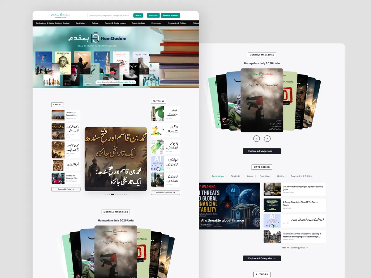 Hamqadam home page sections and monthly issues