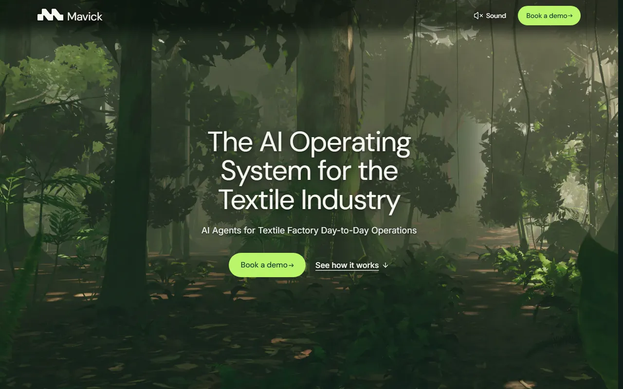 The Mavick website at mavick.si, presenting an AI operating system for textile factories